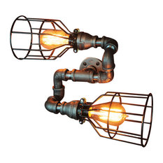 Steampunk Wall Sconce - Brass Cages Industrial Pipe Light, Black Pipe, Black Cag