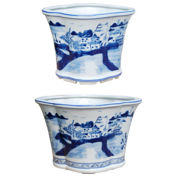 Set of 2, Blue and White Blue Willow Cache Pot