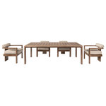 Armen Living - Relic Outdoor Dining Set Eucalyptus Wood Taupe Olefin Cushions, 5-Piece Set - Introducing the Relic Outdoor Patio Dining Set - a testament to the timeless beauty of weathered Eucalyptus wood, meticulously crafted to enrich your outdoor dining experience with rustic charm. This set seamlessly combines the aged allure of weathered Eucalyptus wood with the practicality of water-resistant and UV-resistant features, creating distinctive outdoor furniture that exudes character and durability. The weathered Eucalyptus wood frame of the Relic Outdoor Patio Dining Table adds a unique and inviting aesthetic to your patio, offering a timeless appeal that only improves with time. Each knot and grain tells a story, creating an ambiance of rustic elegance that complements various outdoor settings. Designed to withstand the elements, the dining table boasts water-resistant and UV-resistant properties, ensuring resilience and style in the face of changing weather conditions. Paired with the Relic Outdoor Patio Dining Chair, immerse yourself in comfort with plush Olefin cushions adorning the chair. The neutral tone of the cushions complements the weathered wood, creating a harmonious balance between rugged charm and refined comfort. The dining chair, crafted with the same weathered Eucalyptus wood, boasts water-resistant Eucalyptus and UV-resistant frame and fabric, ensuring resilience and style in the face of changing weather conditions. Whether under the sun's warm embrace or during an unexpected drizzle, the Relic Dining Set stands as a steadfast focal point for your outdoor gatherings. Elevate your outdoor aesthetic with the Relic Outdoor Patio Dining Set in Weathered Eucalyptus Wood and Taupe Olefin Upholstery- a perfect blend of enduring style and craftsmanship for your outdoor dining space.