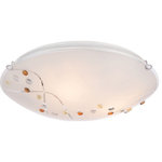 Quoizel Lighting - Quoizel Lighting - Platinum Stellar - 3 Light Flush Mount - 4.5 Inches high - Collection: Stellar, Material: Steel, Finish Color: Polished Chrome, Width: 16", Height: 4.5", Length: 16", Depth: 16", Lamping Type: Incandescent, Number Of Bulbs: 3, Wattage: 60 Watts, Dimmable: Yes, Moisture Rating: Damp Rated, Desc: Stellar, from the Quoizel Platinum Collection, is a beautifully designed floating flush mount.The amber, yellow and clear jewels on the shade bring life to the white painted glass and the intricate detail of the two clear swirling lines add a little twinkle to this stunning piece.    Shade Included: TRUE    / Cord Length: 6.00    / Rooms: Bedroom   . Bedroom/Entry/Foyer/Hallway   Cord Length: 72.00   .  Assembly Required: Yes    / Bulb Shape: A19    / Dimmable: Yes    / Shade Included: Yes   . ,-Platinum Stellar - 3 Light Flush Mount - 4.5 Inches high-Stellar Flush Mount, Flush Mount, circle lighting, circle flush lighting, circle flush mount lighting, circle light, circle flush light, contemporary lighting, contemporary flush mount ceiling light, contemporary flush mount light, modern mid century lighting, modern mid century flush mount ceiling light, modern flush mount light, polished chrome finish ceiling lighting, polished chrome finish flush mount ceiling light, polished chrome finish flush mount light, white silkscreen glass shade ceiling lighting, white silkscreen glass shade flush mount ceiling light, white silkscreen glass shade flush mount light, , OPAQUE-GLASS, LIGHTING, LIGHTING-FIXTURE, WHITE, No Bulb Exposure, ROUND-FIXTURE-SHAPE, flush mounted, ceiling mounted, METAL-LOOK-PCSL1616C
