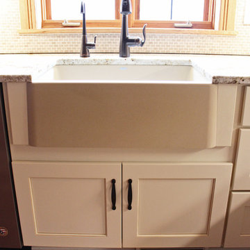 Log Cabin Rustic White Kitchen Cabinets with Granite and Wood Countertops
