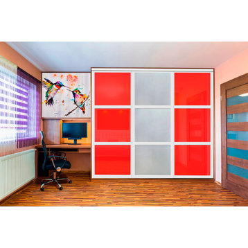 3 Panels Glass Panel Bypass Sliding Door with Frosted & Red Glass Insert, 106"x80" Inches