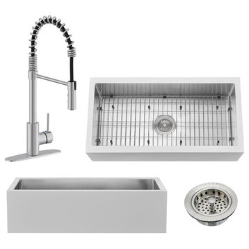 36" Single Bowl Farmhouse Solid Surface Sink and Faucet Kit, Stainless Steel