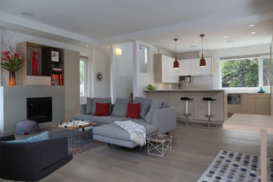 Living room - mid-sized transitional open concept light wood floor and beige floor living room idea in Calgary with white walls, a standard fireplace, a concrete fireplace and no tv