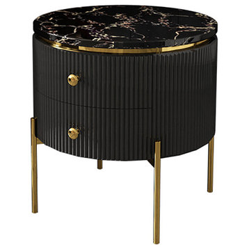 Yelly Modern Round End Table With Storage Black Faux Marble Side Table Gold Legs