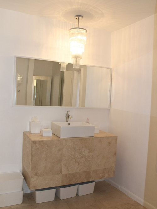 Midcentury Powder Room Design Ideas, Remodels & Photos with Beige Tile