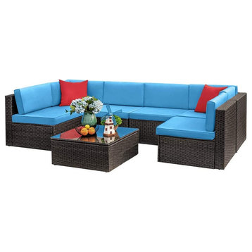 7 Pieces Patio Set, Modular Design With Glass Coffee Table & Padded Chairs, Blue