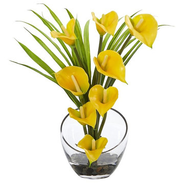 15.5" Calla Lily and Grass Artificial Arrangement, Vase, Yellow