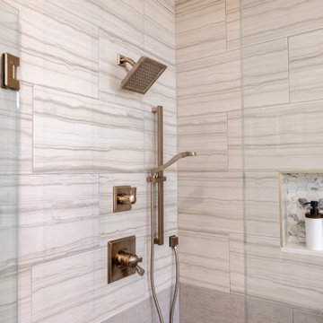 Spa Like Primary Bathroom Remodel with Warm Wood & Brass Details