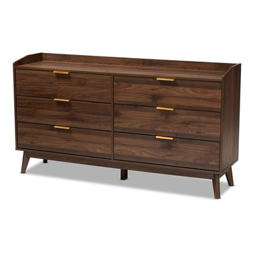 Baxton Studio Lena Mid-Century 6-Drawer Wood Dresser in Walnut and Brown