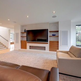 Photo of a large contemporary walk-out basement in Portland with white walls, light hardwood flooring, a ribbon fireplace, a plastered fireplace surround and beige floors.