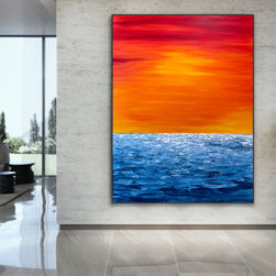 Preethi Arts - 60x48" Bright Sunset Original Large Yellow Blue abstract Painting - Paintings