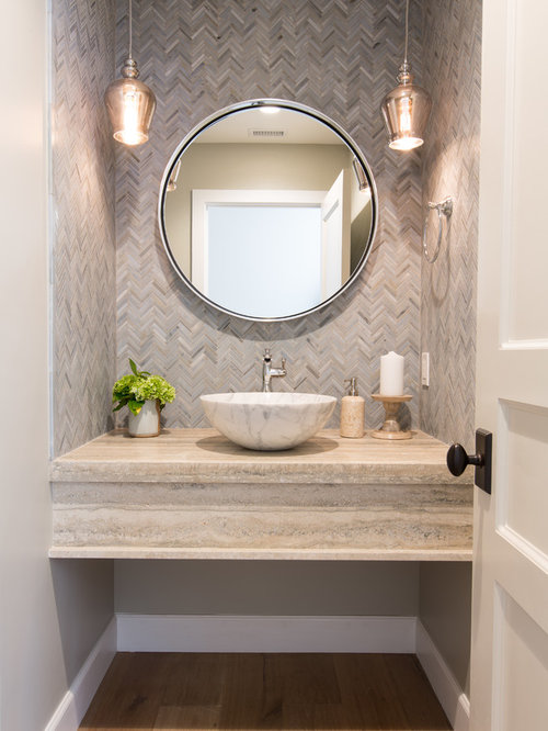 75 Beach Style Powder Room with Gray Tile Design Ideas & Remodeling