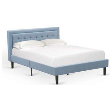 Platform Queen Size Bed Denim Blue Upholestered Bed Headboard,Black Legs