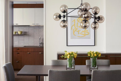 Photo of a contemporary separate dining room in Chicago with white walls, medium hardwood floors and brown floor.