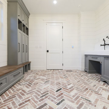 Mudroom - Built-In Shelving and Brick Flooring