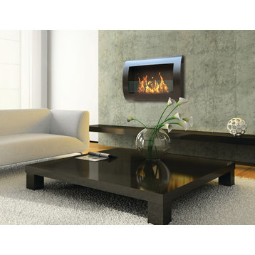 Chelsea Indoor Wall Mount Fireplace, Black Coated Metal With Glass Inserts