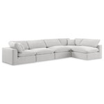 Meridian Furniture - Comfy Upholstered L-Shaped Modular Sectional, Cream, 5-Piece: 3 Armless Chair, 2 Corner Chair, Velvet - Give your space a whole new look with this cream Comfy velvet sectional. This handsome sectional fits nicely with other items in the Comfy collection and is a versatile seating option designed for adaptability, comfort and style. Wrapped in rich cream durable velvet upholstery, this sectional offers a plush embrace of overstuffed down feather cushions, carefully crafted to deliver the highest level of comfort. The perfect seat for creating an oasis for relaxation, this sectional has thick foam surrounding its frame for added support and coziness.