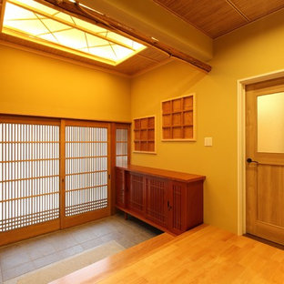 Eingang mit brauner Wandfarbe und Schiebetür Ideen, Design & Bilder