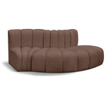 Meridian Furniture - Arc Vegan Leather Upholstered 3-Pc. S-Shaped Modular Sofa, Brown - Unleash modern opulence with the Arc Vegan Leather 3pc. Sectional. Crafted for the modern connoisseur, this Sectional injects an air of refined luxury into any space. Its sleek silhouette, upholstered in supple brown vegan leather, exudes timeless sophistication while the deep channel tufting adds textural intrigue, further elevating the chair's visual appeal. The modular design makes it a versatile chameleon, effortlessly adapting to your evolving needs and preferences. Whether you envision it gracing a chic living room corner, basking in the glow of a bedroom window, or adding a touch of drama to a home office, the Arc seamlessly complements your unique interior aesthetic.