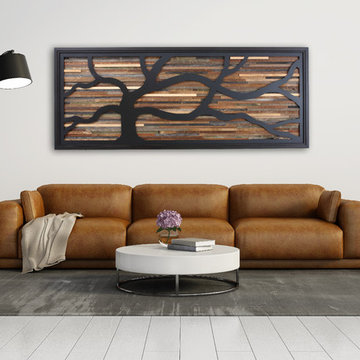 Reclaimed wood wall art of a wind swept tree