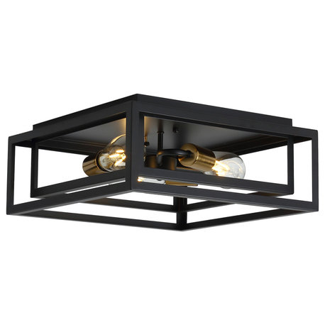 3-Light Farmhouse Caged Geometric Metal Frame Flush Mount Light