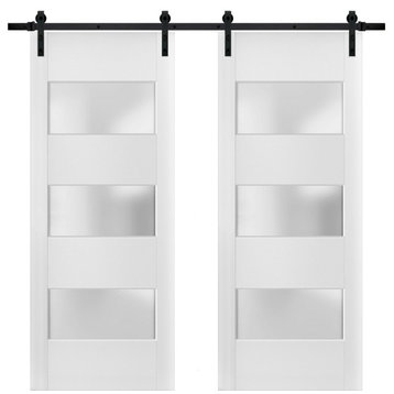 Double Barn Door 60 x 80 Frosted Glass Lites, Lucia 4070 White Silk, 13FT Kit