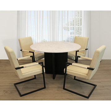 Lavaca 5-Piece Dining Set, 48" Round Dining Table and 4 Ivory Leather Chairs