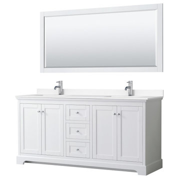 Avery 72" Double Vanity, White, White Cultured Marble Top, Sinks, 70" Mirror