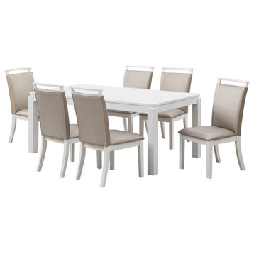 Danby 7 Piece Dining Set, Gray Fabric and White Wood, Table and 6 Chairs