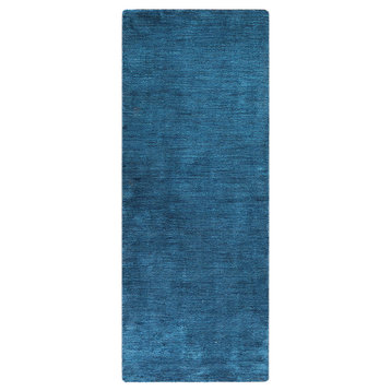 Hand Knotted Loom Wool Area Rug Solid Blue