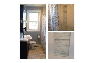 Small transitional master gray tile and marble tile marble floor bathroom photo in Baltimore with shaker cabinets, dark wood cabinets, a two-piece toilet, blue walls, an integrated sink, quartz countertops and white countertops