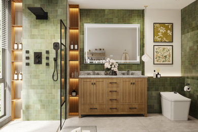 Example of a minimalist green tile double-sink bathroom design in Boston with medium tone wood cabinets, a bidet, white walls, an integrated sink, marble countertops, gray countertops and a freestanding vanity