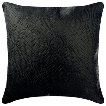Textured Black Faux Leather & Suede 20"x20" Pillow Cover, Black Diamond