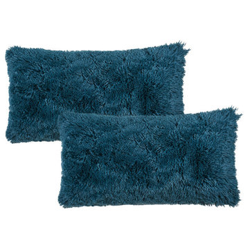 Shaggy Faux Fur Pillow Cover, Teal, Set of 2, 14"x26"