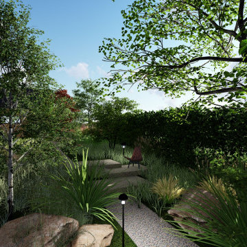 Perennial garden with modern house architecture