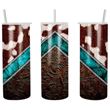Cowhide and Tooled Leather FauxLook 20 Oz Skinny Metal Tumbler w/Lid and Straw