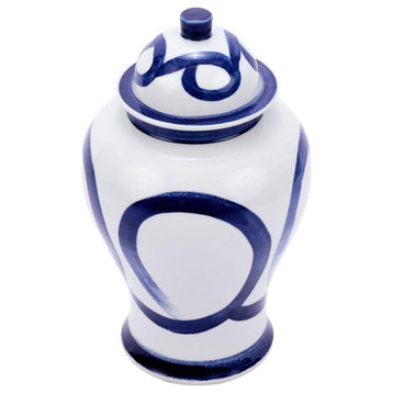 Temple Jar Brushstroke Swirl Circle Vase Large White Blue Varying