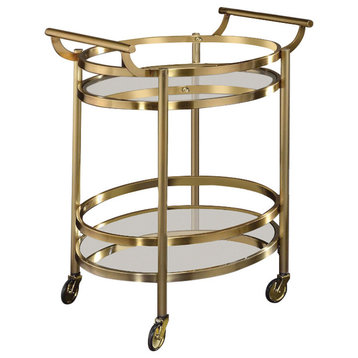 Benzara BM158855 Oval Metal Serving Cart, Clear Glass and Gold