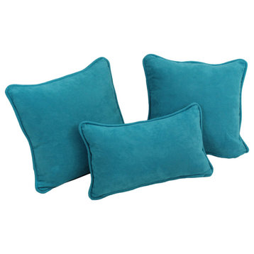 Double-Corded Solid Microsuede Throw Pillows With Inserts, Set of 3, Aqua Blue