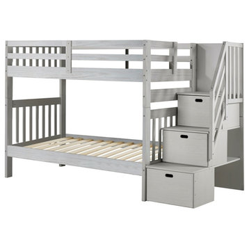 My Bed Now Olympus Twin-over-Twin Wood Bunk Bed w/ Staircase Drawers in White