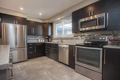 Inspiration for a large contemporary l-shaped porcelain tile eat-in kitchen remodel in Toronto with a drop-in sink, flat-panel cabinets, dark wood cabinets, laminate countertops, gray backsplash, subway tile backsplash, stainless steel appliances and an island