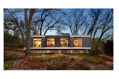 Example of a 1960s gray split-level exterior home design in Minneapolis