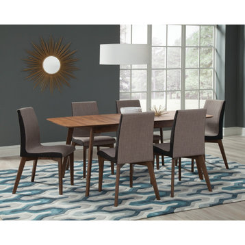 Dining Set, Curved Table Top With Tapered Legs & 6 Chairs, Natural Walnut/Gray
