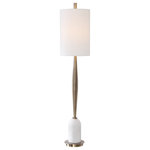 Uttermost - Uttermost Minette Mid-Century Buffet Lamp - Transitional in design, this buffet lamp has a tapered base finished in a plated antique brass, accented with a polished white marble detail. This piece has a white linen hardback drum shade.
