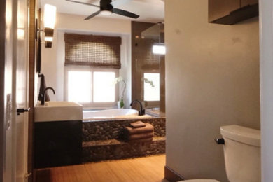 Large master porcelain tile corner shower photo in San Diego with white cabinets, a hinged shower door and a floating vanity