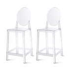Designer Counter Height Stool With Solid High Back Side Chair Footrest, Clear, Set of 2