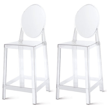 Designer Counter Height Stool With Solid High Back Side Chair Footrest, Clear, Set of 2