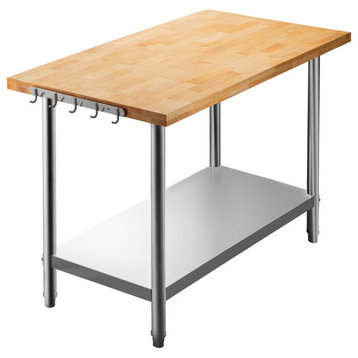 Maple Wood Top Work Table with Stainless Steel Lower Shelf, 36x30x32 Inch