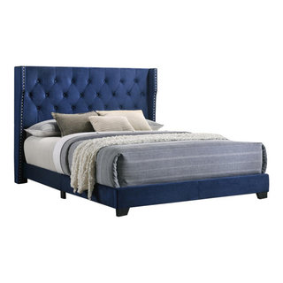 Navy Blue Velvet Uph. Panel Bed Tufted Buttons Side Studs Queen